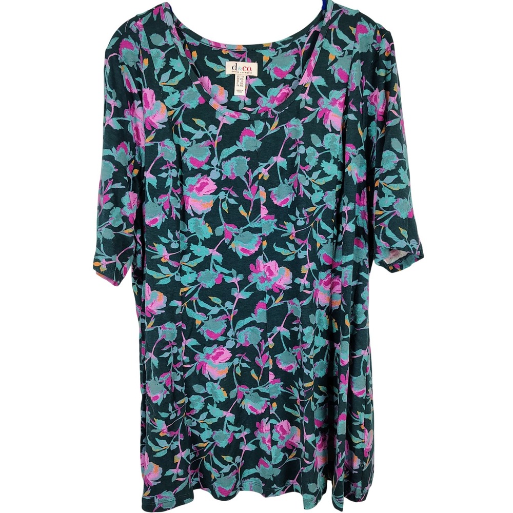 Denim & Co Womens 1X Floral Tunic Top Teal Pink Cotton Blend Boho Cottagecore